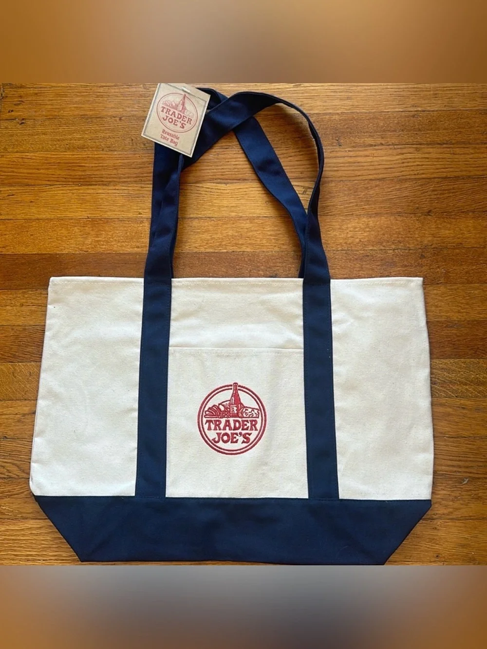 VIRAL Restocked Viral Trader Joe's Large Canvas Tote Bag in Dark Blue -  NWT